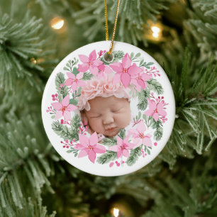 Pink New Baby Photo Christmas Girl Poinsettia Ceramic Ornament