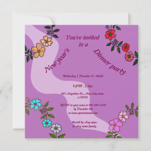 Pink New Year's dinner party with floral wreath Invitation