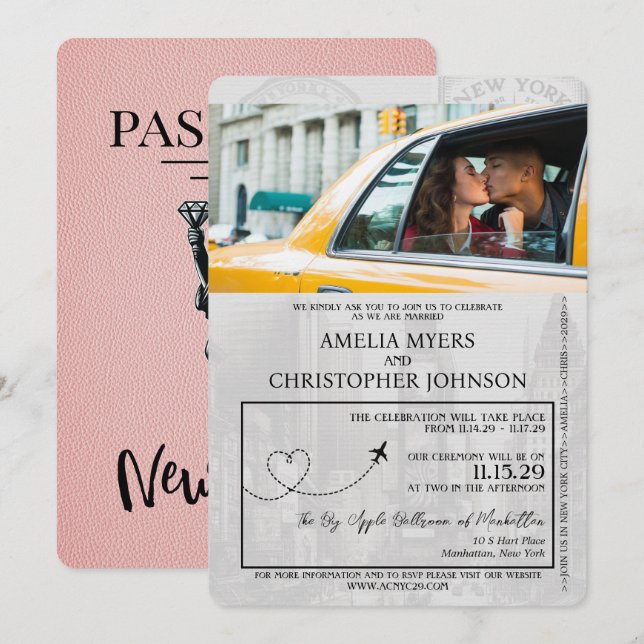 Pink New York City Passport Wedding Invitation (Front/Back)