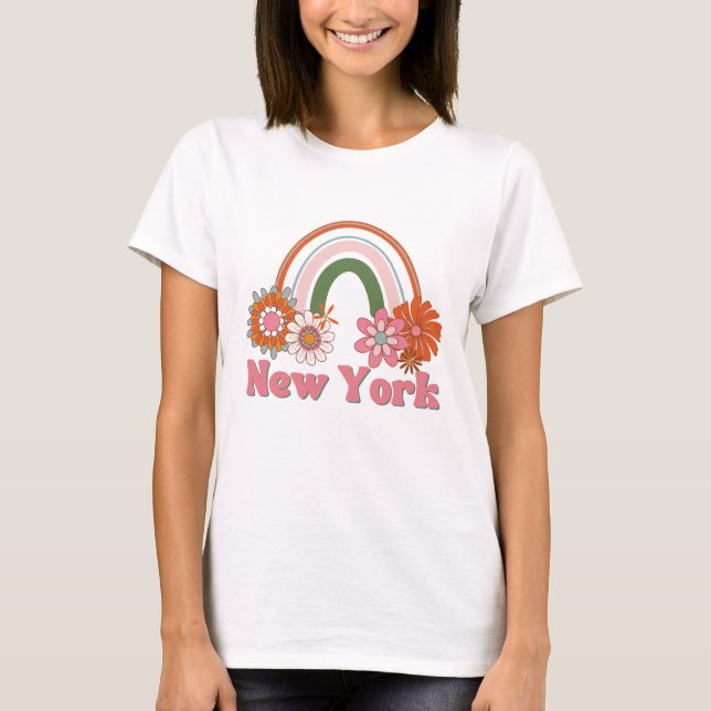 Pink New York Power Flower Retro T-Shirt (Front)