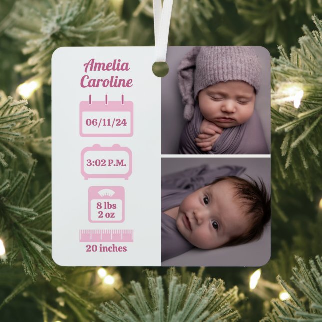 Pink Newborn Birth Stats  Metal Ornament (Insitu)