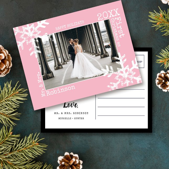 Pink Newlyweds 1st Christmas Photo Snowflakes Holiday Postcard (Rustic snowflake newlywed holiday keepsake photo ornament perfect for gifts to bring joy to others.)