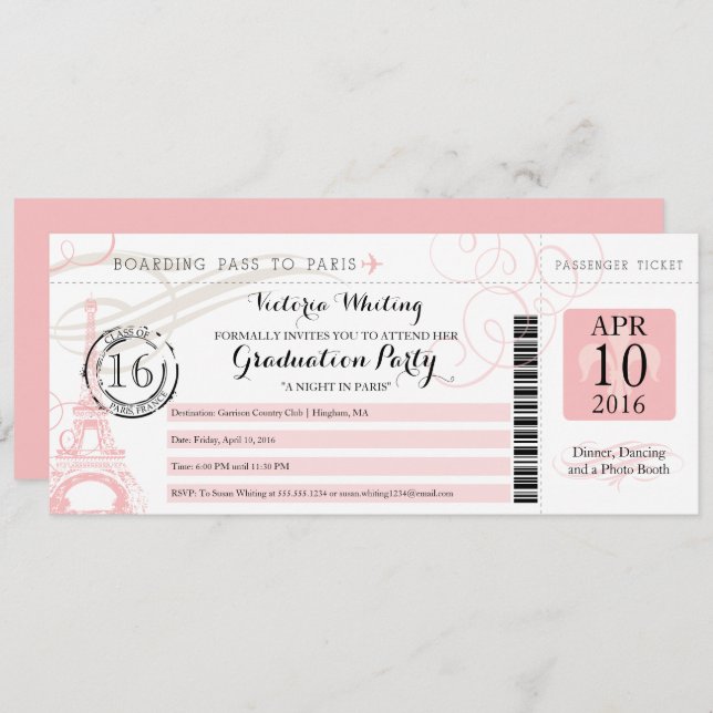 Pink Night in Paris Graduation Party Boarding Pass Invitation (Front/Back)