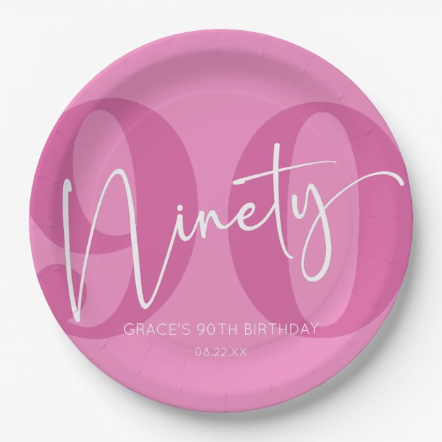 Pink Ninety 90th Ninetieth Birthday Party Paper Plate (Front)