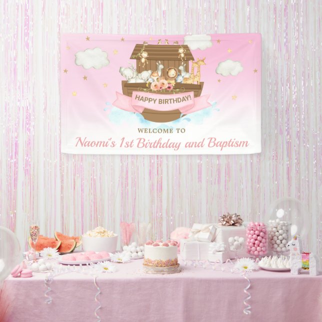 Pink Noah's Ark Baby Shower 1st Birthday Backdrop Banner (Party)