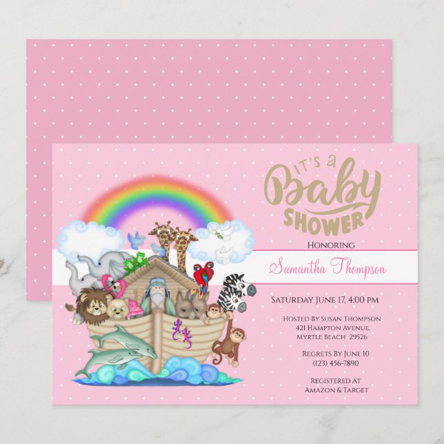 Pink Noah's Ark Baby Shower Invitation (Front/Back)