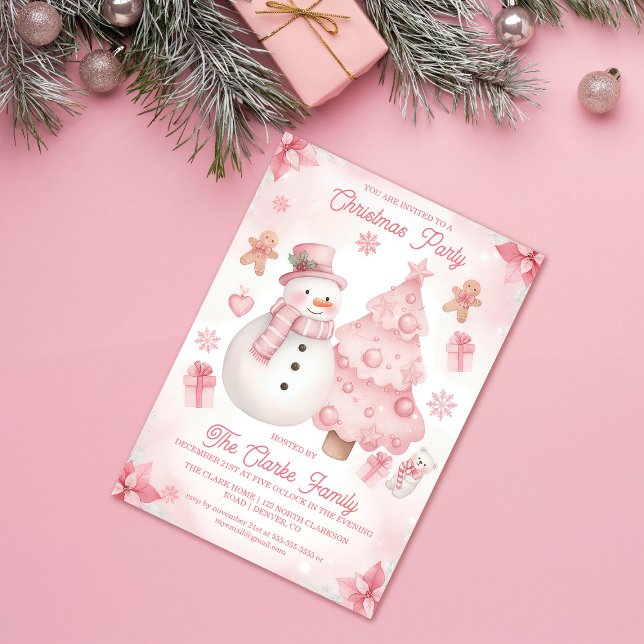 Pink Nontraditional Snowman Tree Christmas Party Invitation (Creator Uploaded)