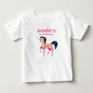 Pink Nordic Unicorn with Black Mane 1st Birthday Baby T-Shirt