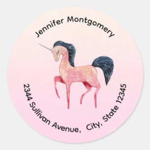 Pink Nordic Unicorn with Black Mane Address Classic Round Sticker