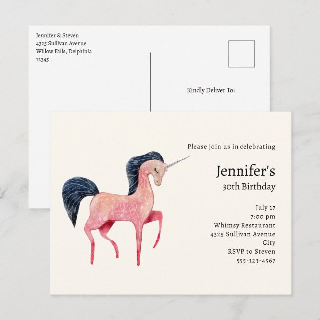Pink Nordic Unicorn with Black Mane Birthday Invitation Postcard (Front/Back)