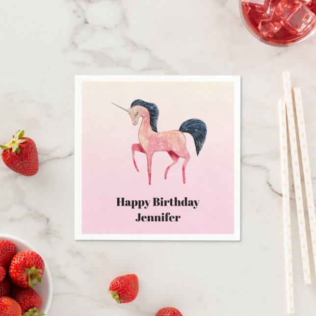 Pink Nordic Unicorn with Black Mane Birthday Napkin (Insitu)