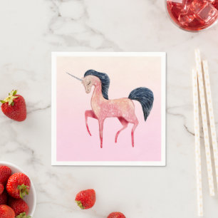 Pink Nordic Unicorn with Black Mane Birthday Napkin