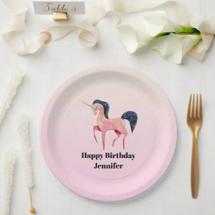 Pink Nordic Unicorn with Black Mane Birthday Paper Plate