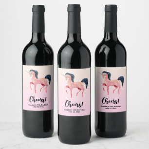 Pink Nordic Unicorn with Black Mane Birthday Wine Label