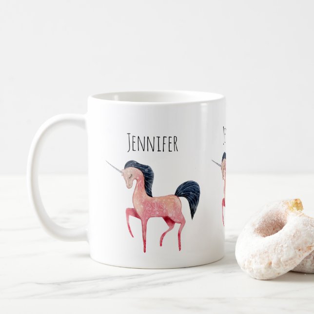 Pink Nordic Unicorn with Black Mane Coffee Mug (With Donut)