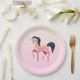 Pink Nordic Unicorn with Black Mane Paper Plate
