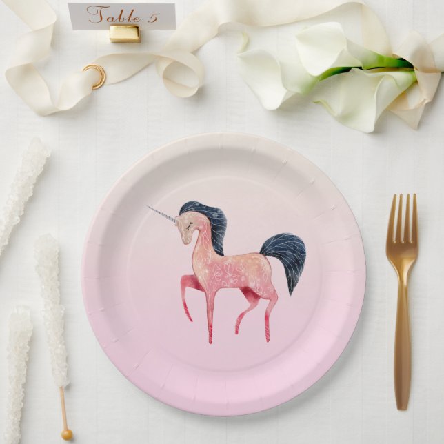Pink Nordic Unicorn with Black Mane Paper Plate (Wedding)