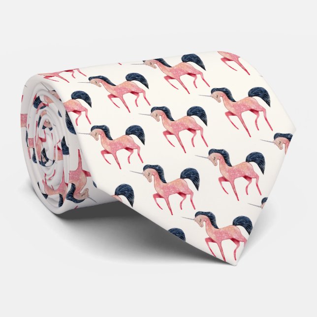 Pink Nordic Unicorn with Black Mane Pattern Tie (Rolled)