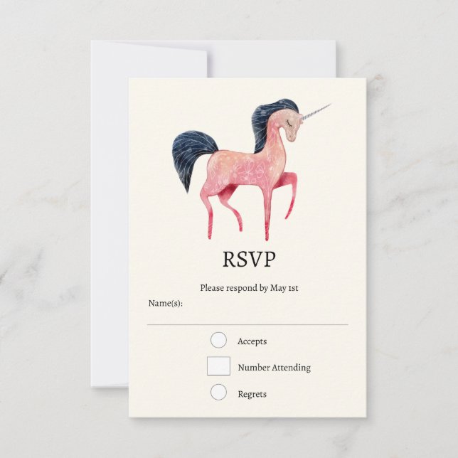 Pink Nordic Unicorn with Black Mane RSVP Card (Front)