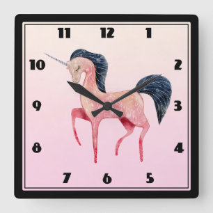 Pink Nordic Unicorn with Black Mane Square Wall Clock
