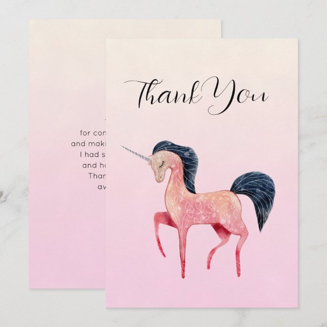 Pink Nordic Unicorn with Black Mane Thank You Card (Front/Back)