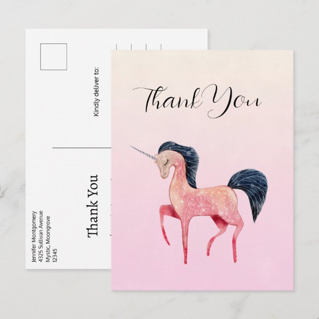 Pink Nordic Unicorn with Black Mane Thank You Postcard (Front/Back)