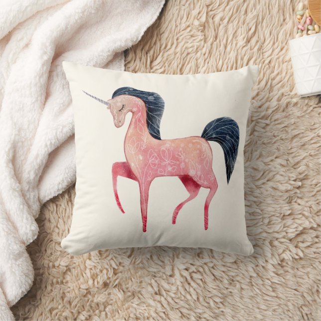 Pink Nordic Unicorn with Black Mane Throw Pillow (Blanket)