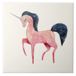 Pink Nordic Unicorn with Black Mane Tile