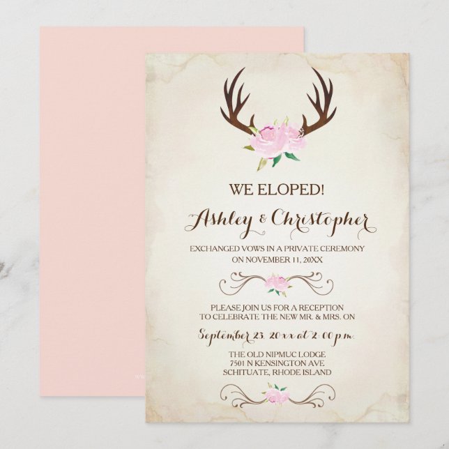 Pink Nous Avons Marié Invitation Rustic Deer Antle (Devant / Derrière)