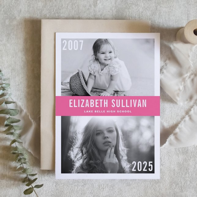 Pink Now and Then Photo Collage Graduation Invitation (Customizable 'Then and Now' Photo Graduation Invitation with pink background – Personalized Invite)