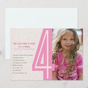 Pink Number Four Birthday Party Invitation