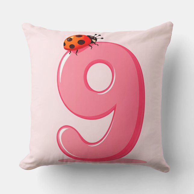 Pink Number nine with Ladybug Throw Pillow (Front)