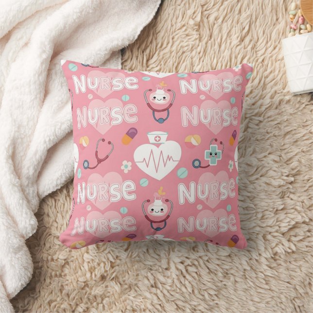 Pink Nurse Life Seamless Pattern (4) Throw Pillow (Blanket)
