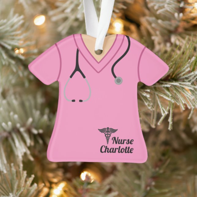 Pink Nurse Scrubs Personalized Ornament (Tree)