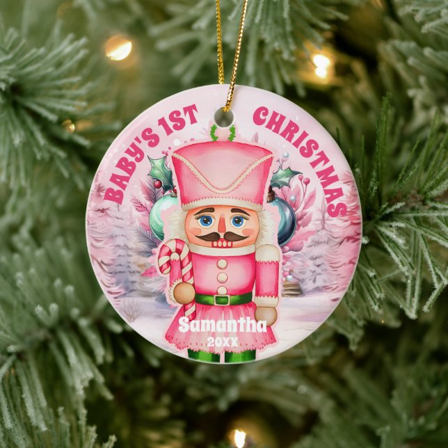 Pink Nutcracker Baby 1st Christmas Photo Ornament (Tree)