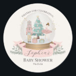 Pink Nutcracker Baby Shower Favours Classic Round Sticker<br><div class="desc">Celebrate the arrival of your little sugar plum with this magical Pastel Pink Nutcracker baby shower collection. This delightful printable party decor captures the magic of a Christmas Winter Wonderland theme, perfect for your girl's special day. Instantly downloadable, the designs features a whimsical array of Sugar Plum holiday decorations, infusing...</div>