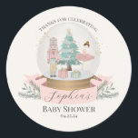 Pink Nutcracker Baby Shower Favours Classic Round Sticker<br><div class="desc">Celebrate the arrival of your little sugar plum with this magical Pastel Pink Nutcracker baby shower collection. This delightful printable party decor captures the magic of a Christmas Winter Wonderland theme, perfect for your girl's special day. Instantly downloadable, the designs features a whimsical array of Sugar Plum holiday decorations, infusing...</div>