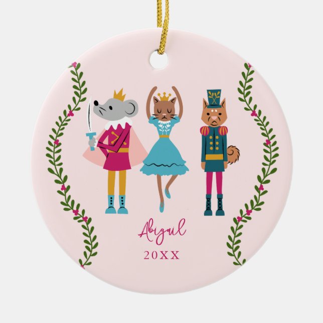 Pink Nutcracker Ballet Animal Girls Ceramic Ornament (Front)