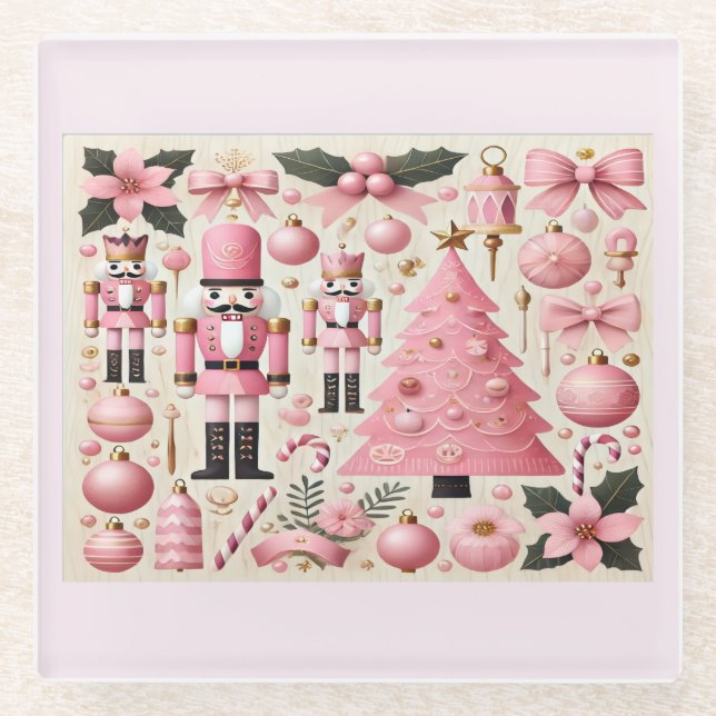 Pink Nutcracker Christmas Tree  Glass Coaster (Front)