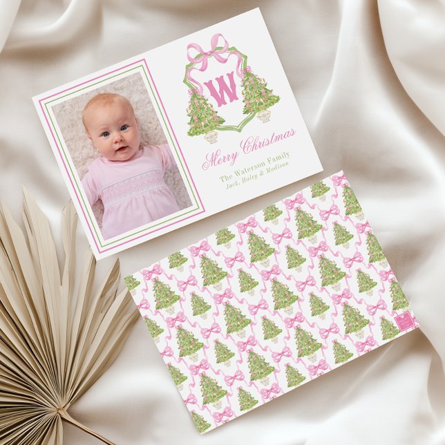 Pink Nutcracker Christmas Tree Monogram Crest Holiday Card (Creator Uploaded)