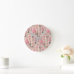 Pink Nutcracker Christmas Tree Round Clock