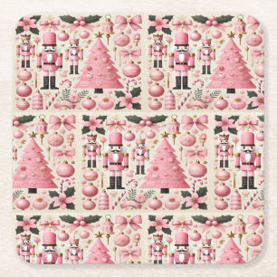 Pink Nutcracker Christmas Tree  Square Paper Coaster