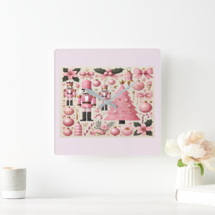 Pink Nutcracker Christmas Tree Square Wall Clock