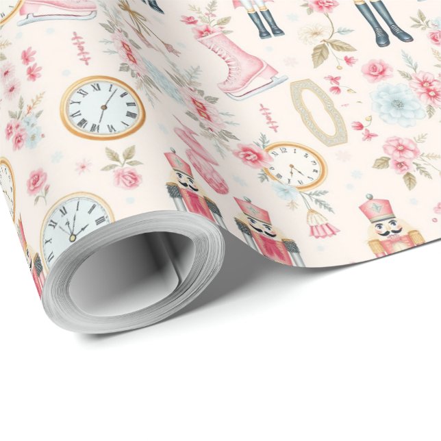 Pink Nutcracker Ice Skates Clock Wrapping Paper (Roll Corner)