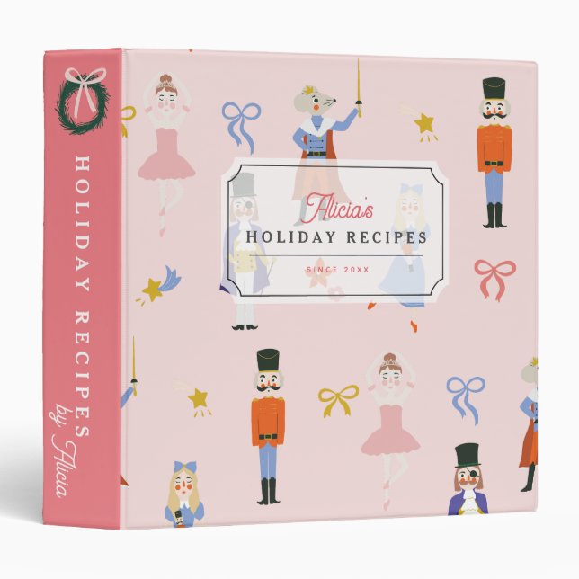 Pink Nutcracker Pattern Holiday Recipe Binder Book (Front/Spine)
