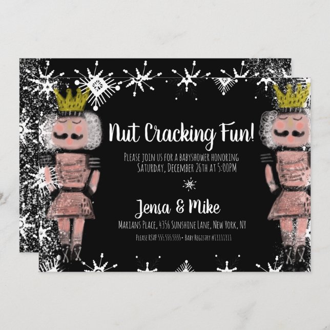 Pink Nutcracker Snowy Script Baby Shower Invitation (Front/Back)