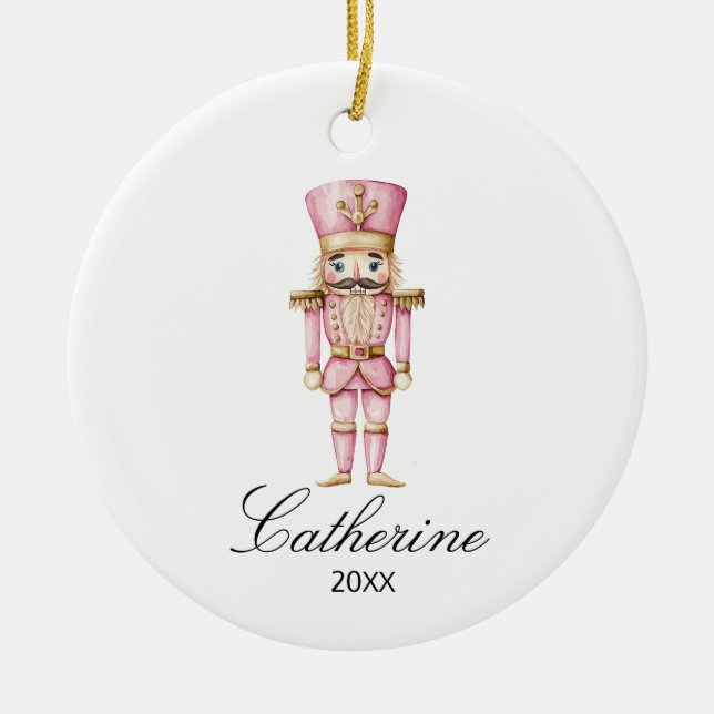 Pink Nutcracker Winter Christmas Decor Custom Name Ceramic Ornament (Front)