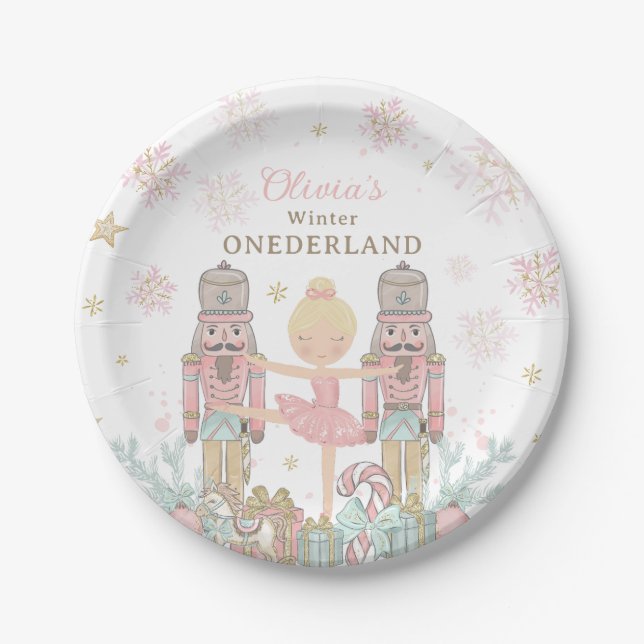 Pink Nutcracker Winter Onederland 1st Birthday Paper Plate (Front)