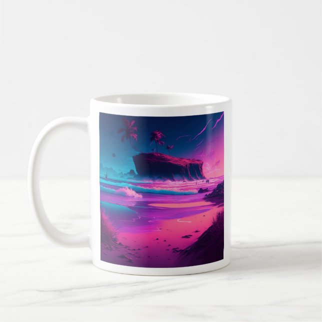 Pink Ocean and Palm Trees Digital Art  Coffee Mug (Left)