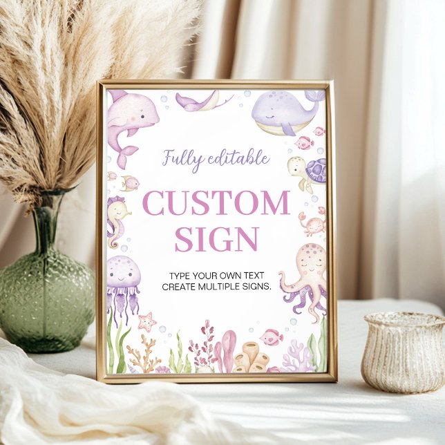 Pink Ocean Animals Girl Party Custom Table Sign (Creator Uploaded)